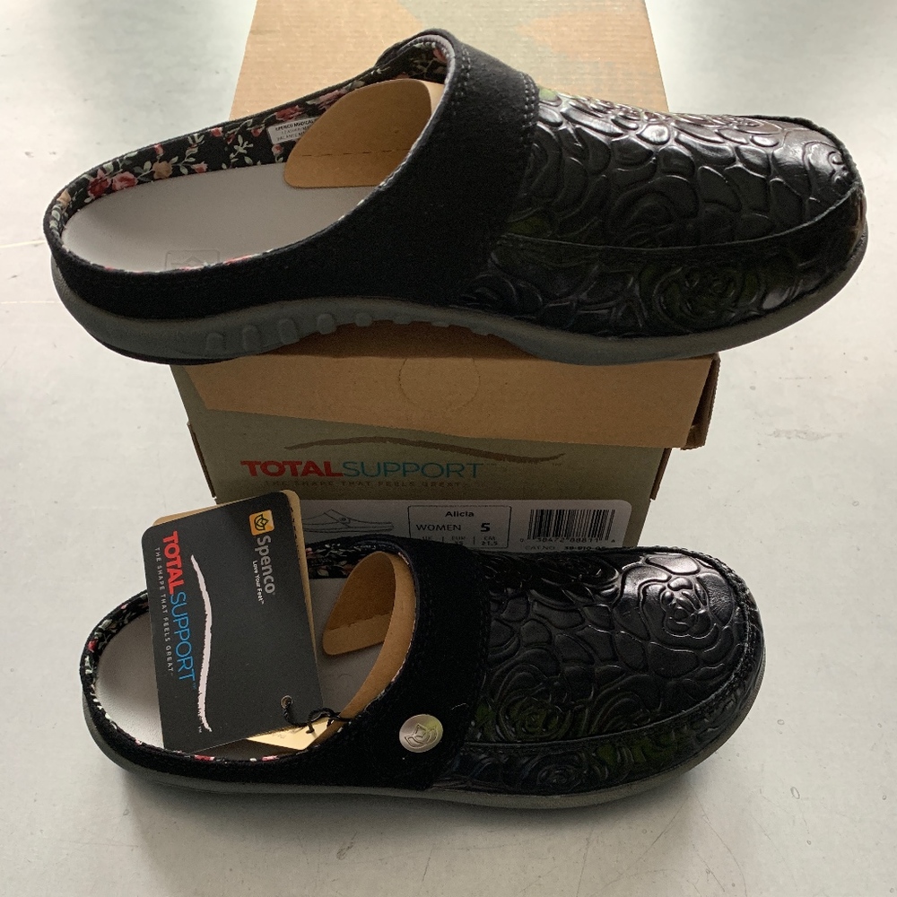 Spenco Alicia Mule Clog Emboss Leather Black NWT